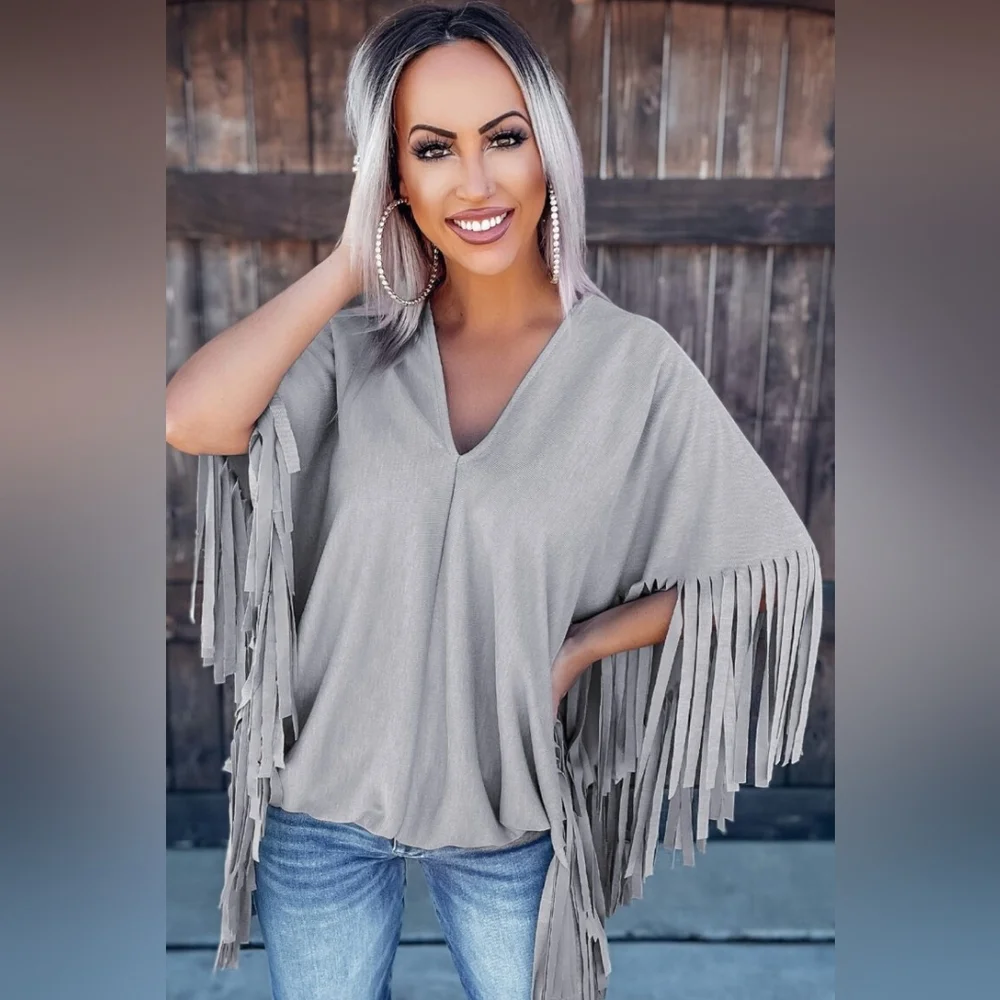 NWT Gray Fringe Poncho Top